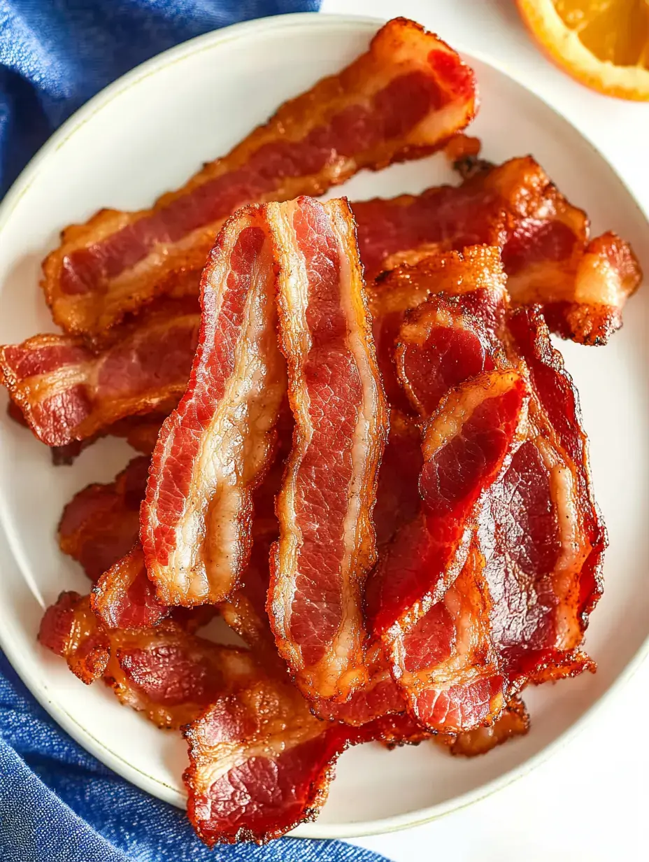 Um prato com fatias de bacon crocante arrumadas numa travessa branca, com um pano azul e uma fatia de laranja no fundo.