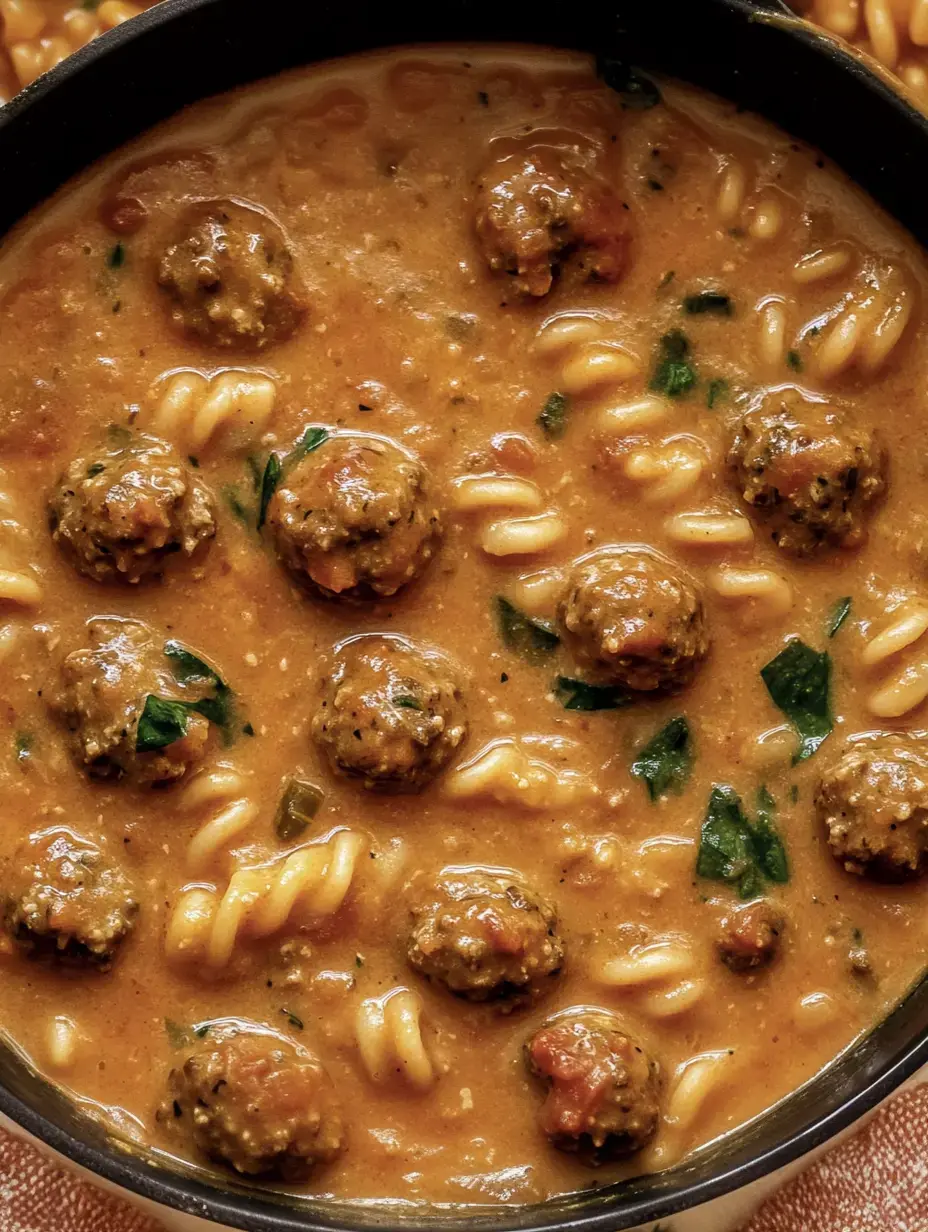 Uma tigela de sopa substancial com almôndegas, massa em espiral e ervas verdes num caldo rico e saboroso.