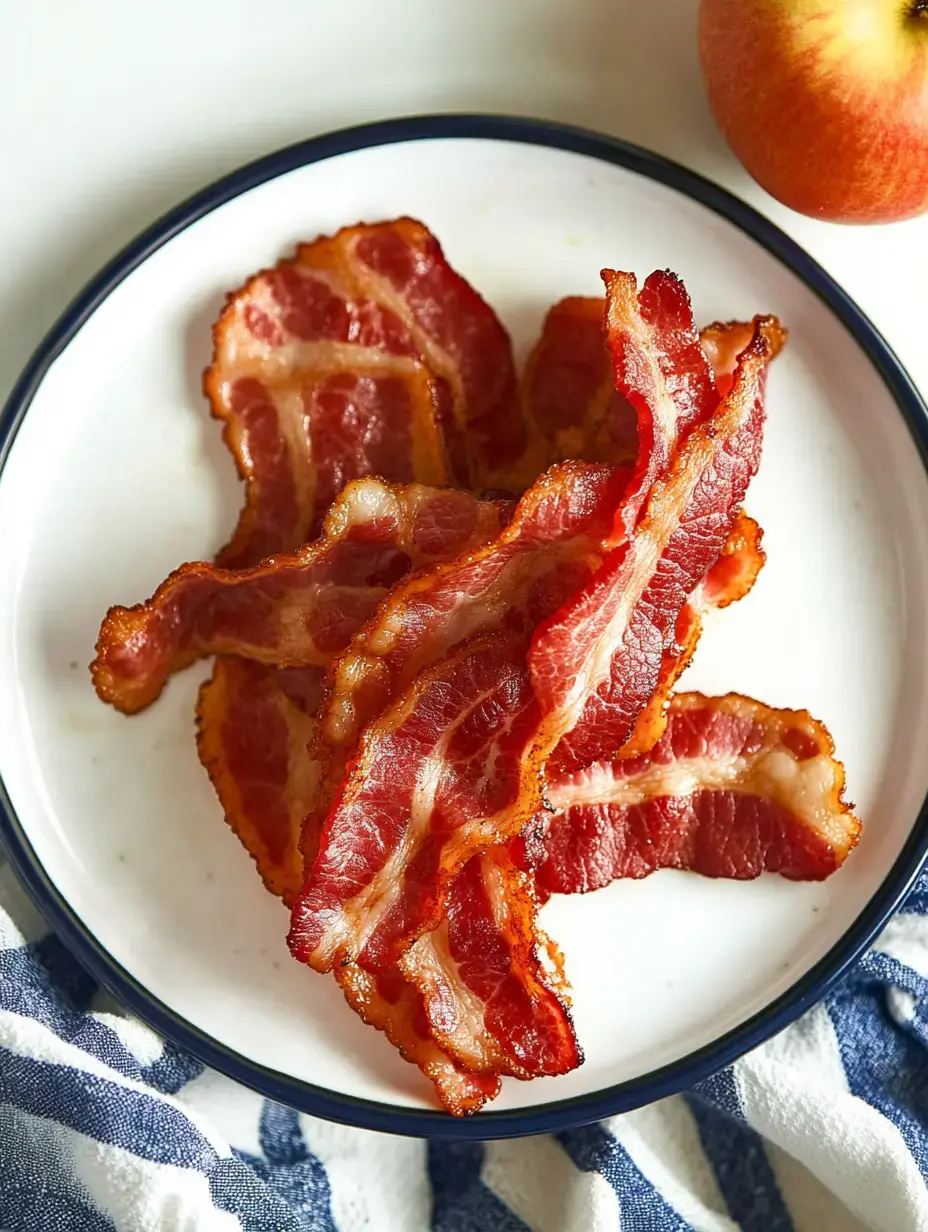 Um prato de fatias crocantes de bacon é exibido ao lado de uma maçã vermelha.