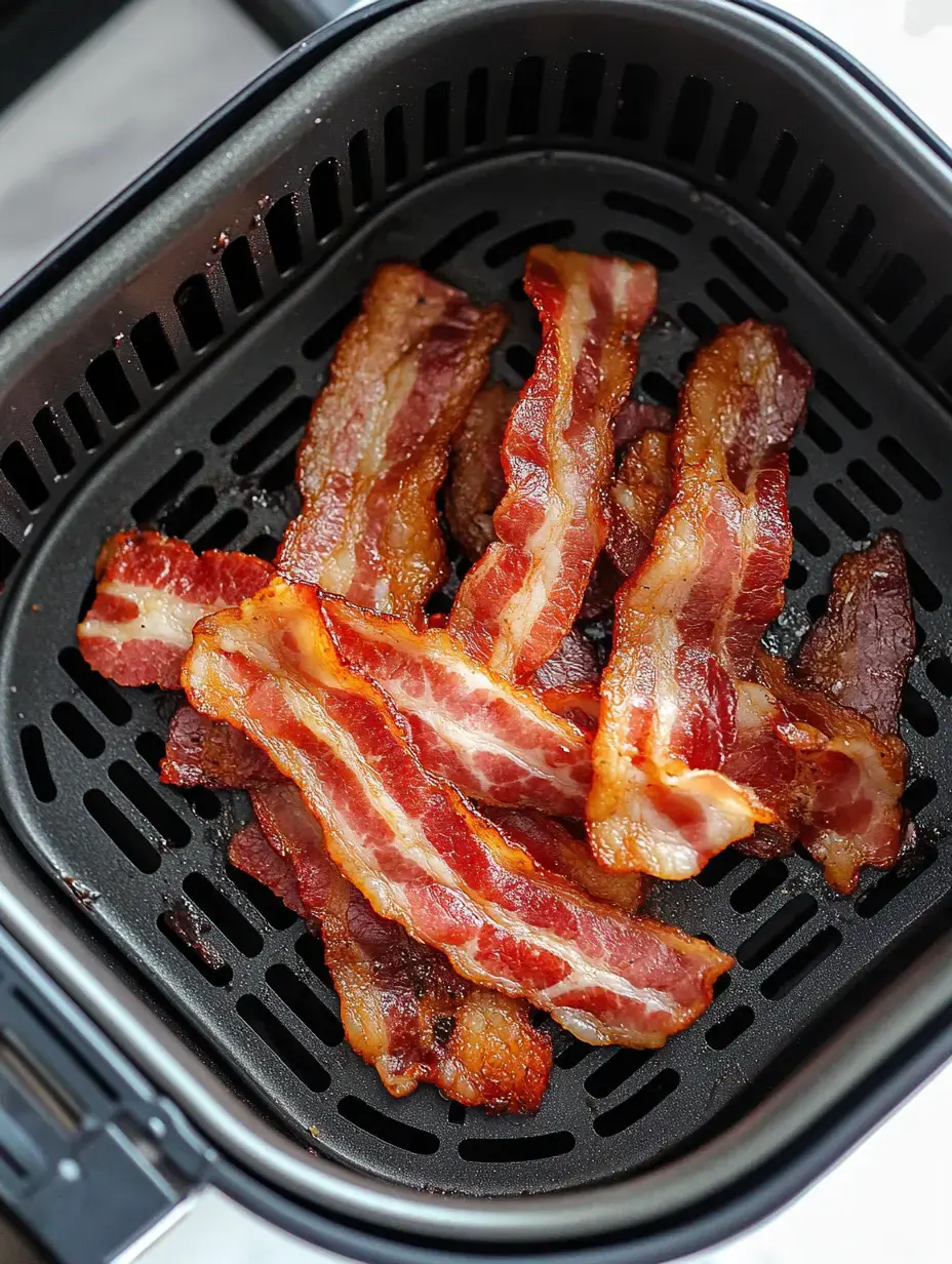 Fatias crocantes de bacon estão organizadas num cesto preto de airfryer.