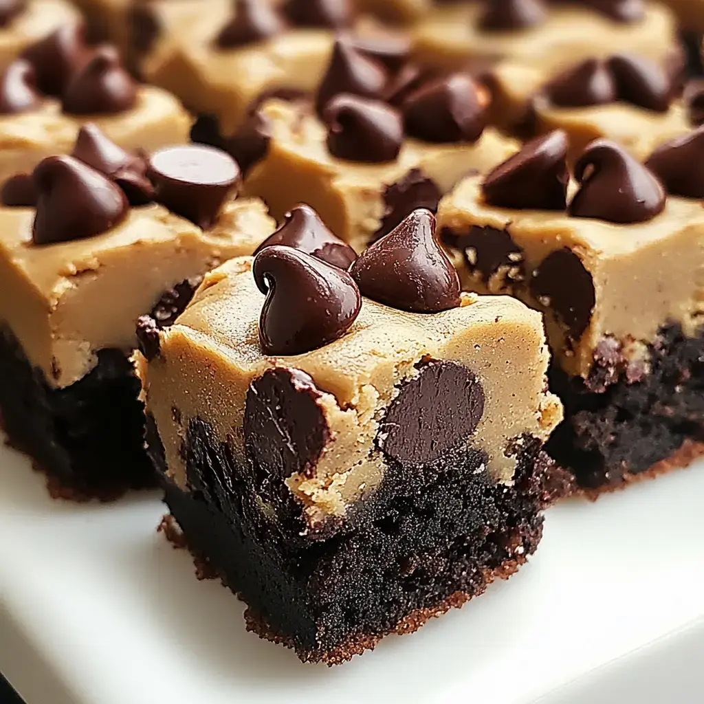 Um close de brownies de chocolate cobertos com uma camada de massa de cookie e polvilhados com gotas de chocolate.