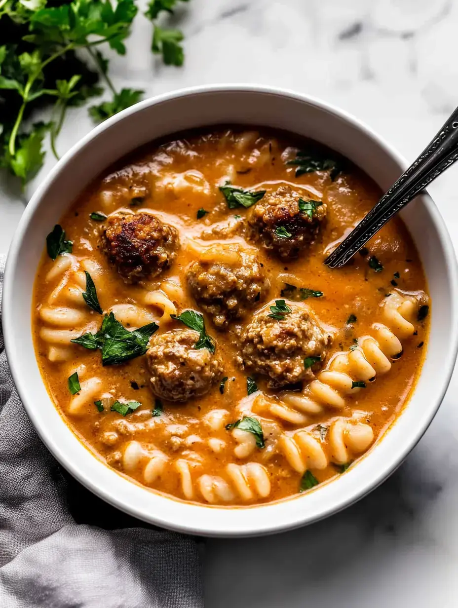 Uma tigela de sopa cremosa com massa e almôndegas, decorada com salsa.