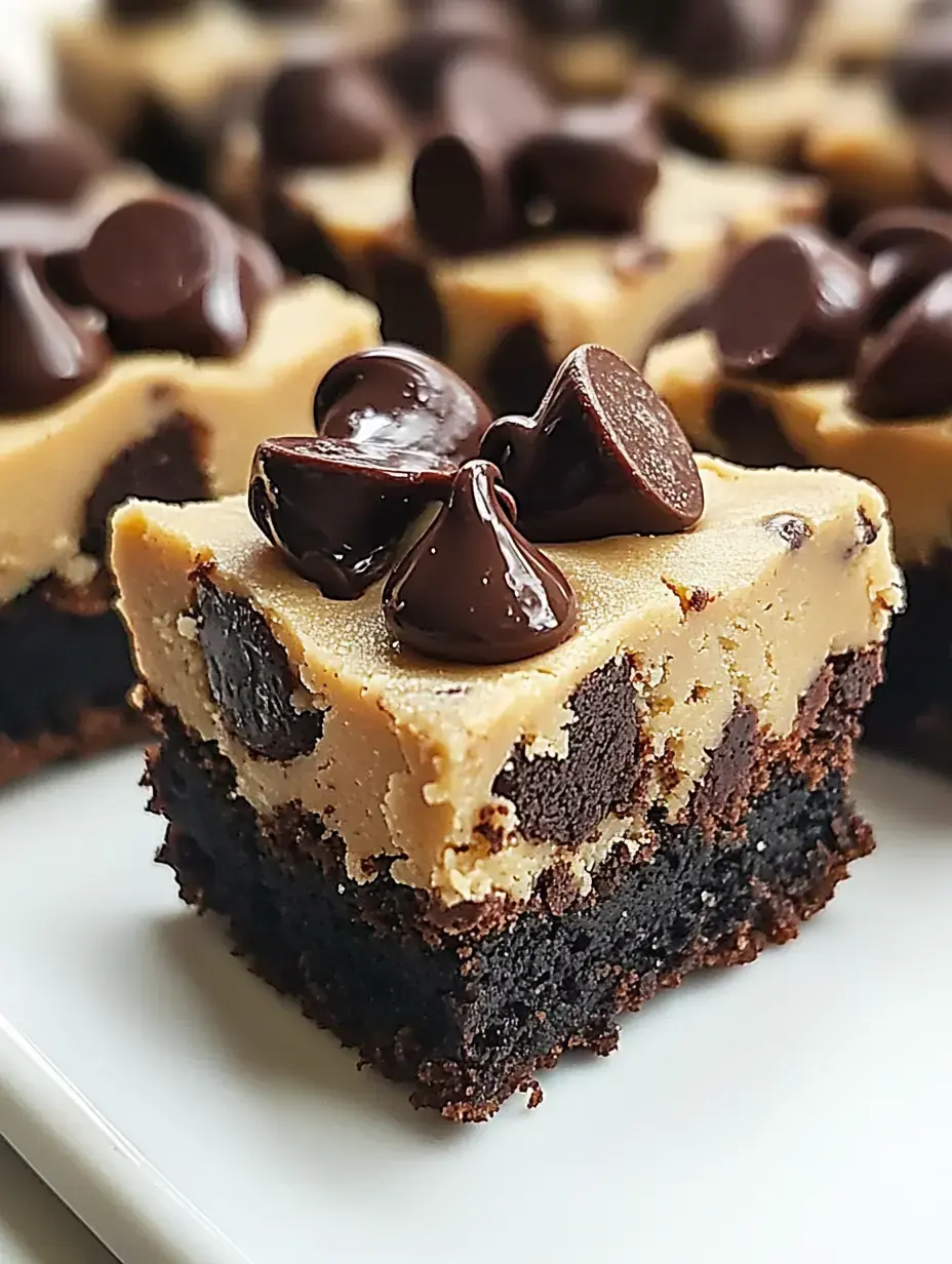 Um close de um brownie com massa de cookie com gotas de chocolate, mostrando suas camadas de brownie e massa de cookie.