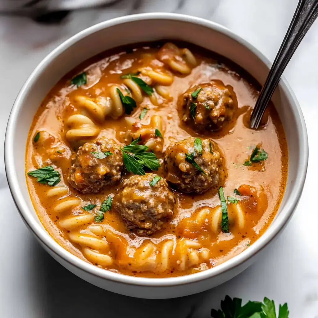 Uma tigela de sopa substanciosa com almôndegas e massa decorada com salsa fresca.