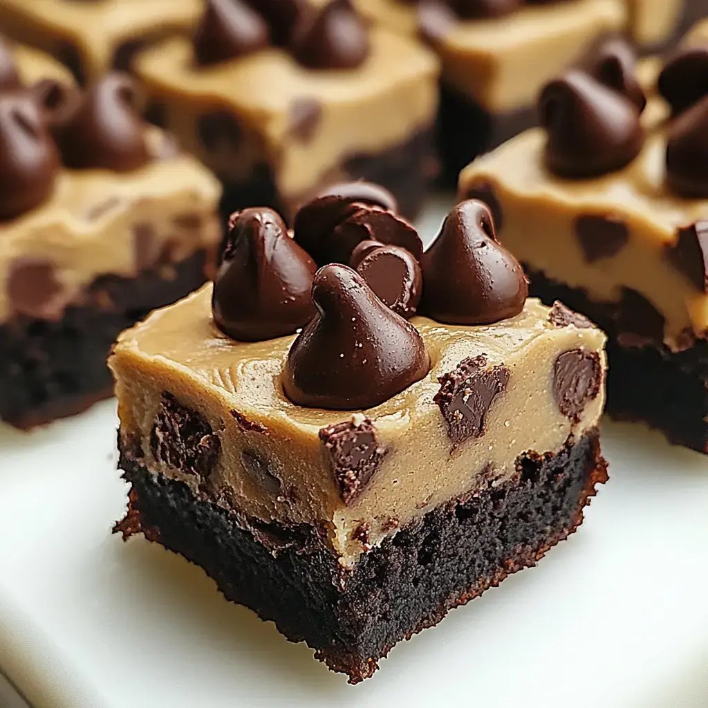 Um close de um brownie de chocolate coberto com uma camada de massa de cookie e gotas de chocolate.