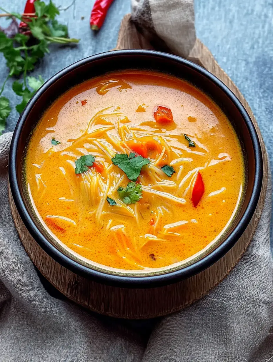 Uma tigela de sopa cremosa, cor de laranja com macarrão, decorada com coentro picado e pedaços de pimentão vermelho, em uma superfície de madeira com ervas e pimentas vermelhas ao fundo.