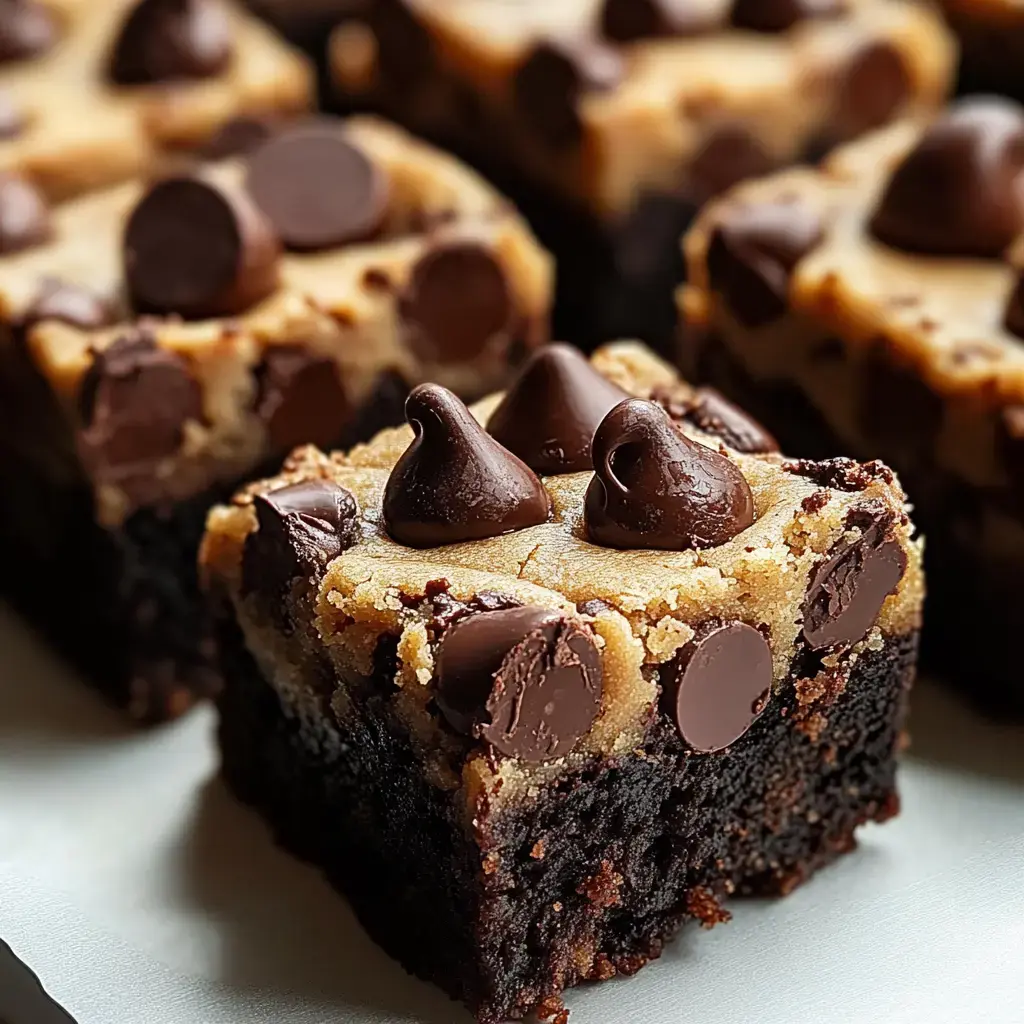 Uma visão de perto de um brownie de chocolate coberto com massa de cookie e gotas de chocolate.