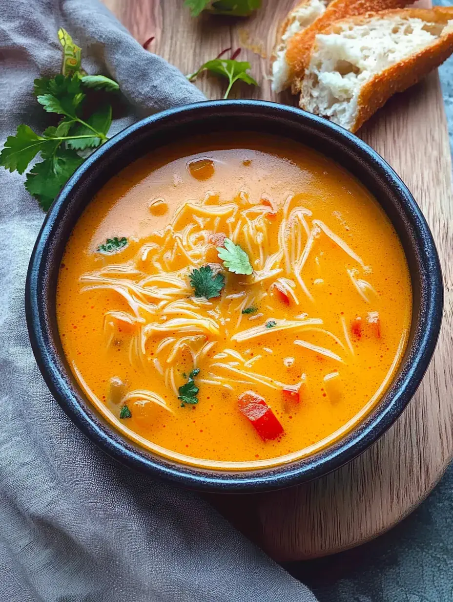 Uma tigela preta de sopa cremosa com macarrão decorada com coentro e pimentões vermelhos, colocada numa superfície de madeira ao lado de um pedaço de pão.