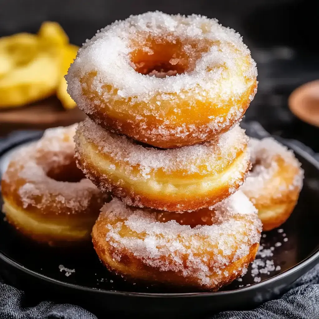 Uma pilha de quatro rosquinhas cobertas de açúcar em um prato preto, com um objeto amarelo desfocado ao fundo.