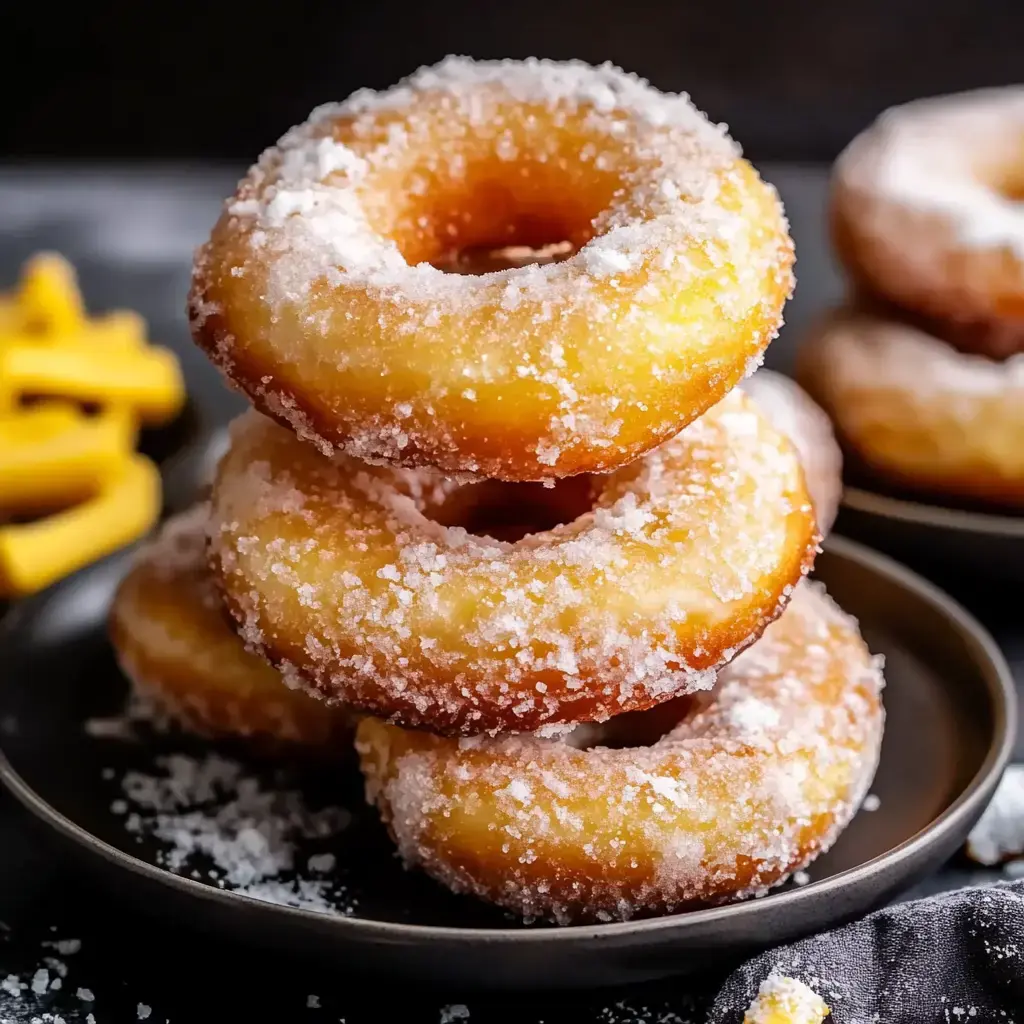Uma pilha de quatro rosquinhas cobertas com açúcar em um prato escuro, com rosquinhas adicionais e formas amarelas no fundo.