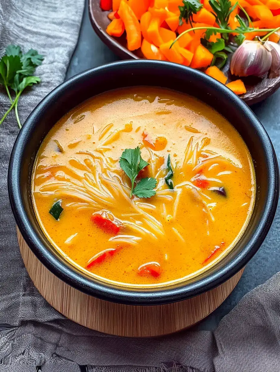 Uma tigela de sopa saborosa com macarrão e legumes coloridos decorada com coentro fresco, ao lado de um prato de cenouras e alho picados.