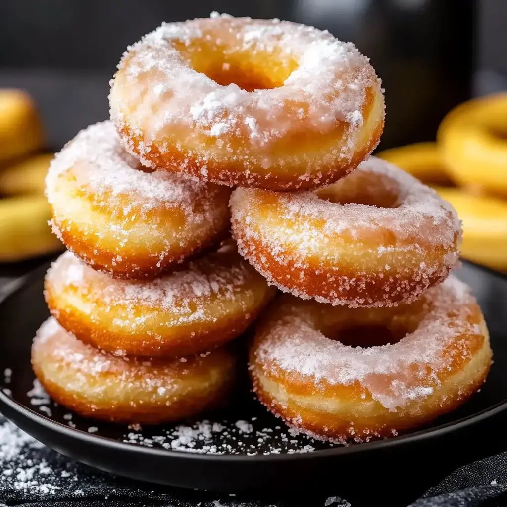 Uma pilha de quatro rosquinhas glaciadas polvilhadas com açúcar de confeiteiro num prato preto, com mais rosquinhas visíveis ao fundo.