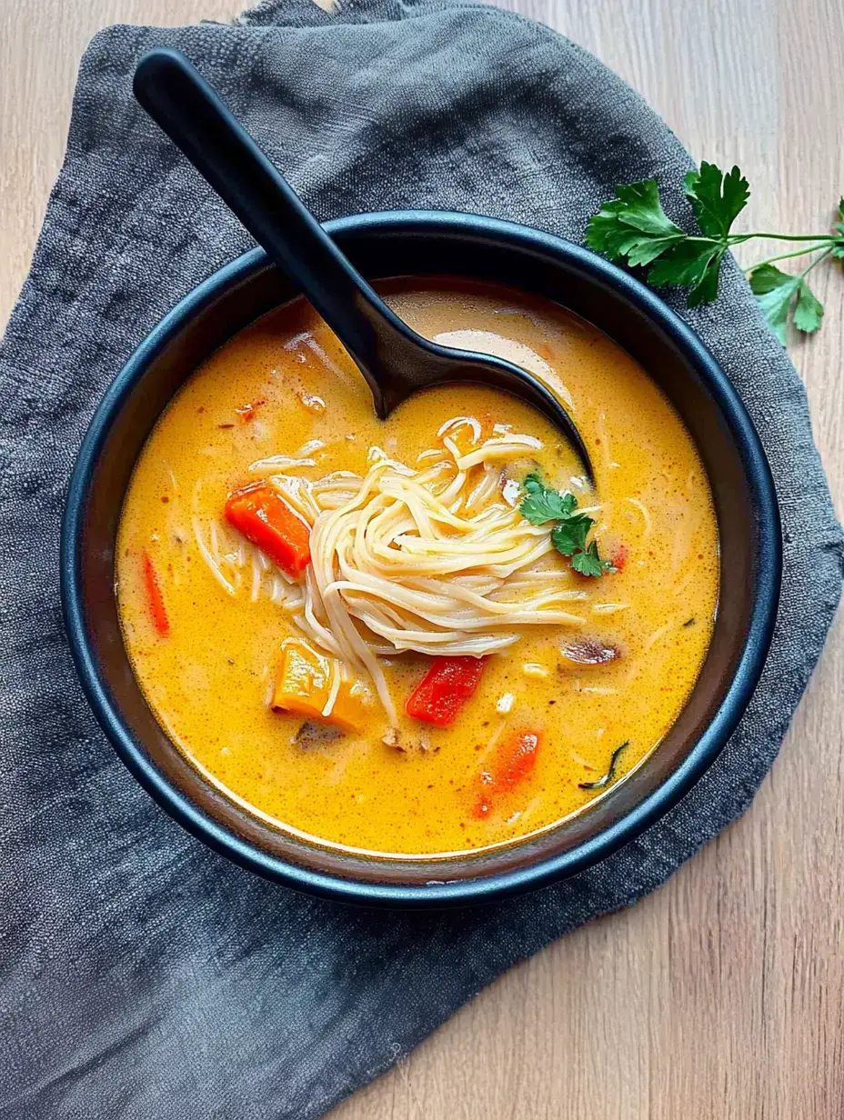 Uma tigela de sopa aromática com macarrão e legumes, decorada com coentro, descansando sobre um pano cinza.