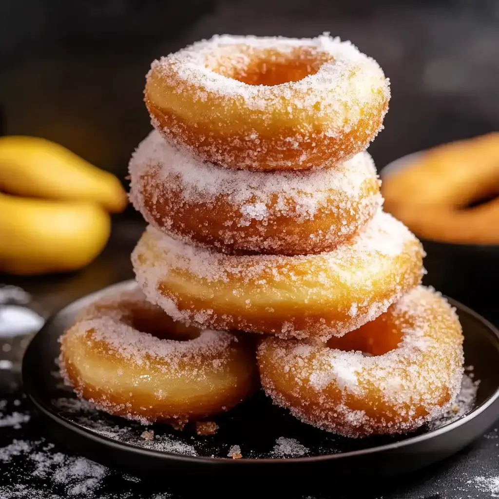 Uma pilha de cinco rosquinhas glazeadas cobertas com açúcar num prato preto, com rosquinhas adicionais e frutas amarelas desfocadas ao fundo.