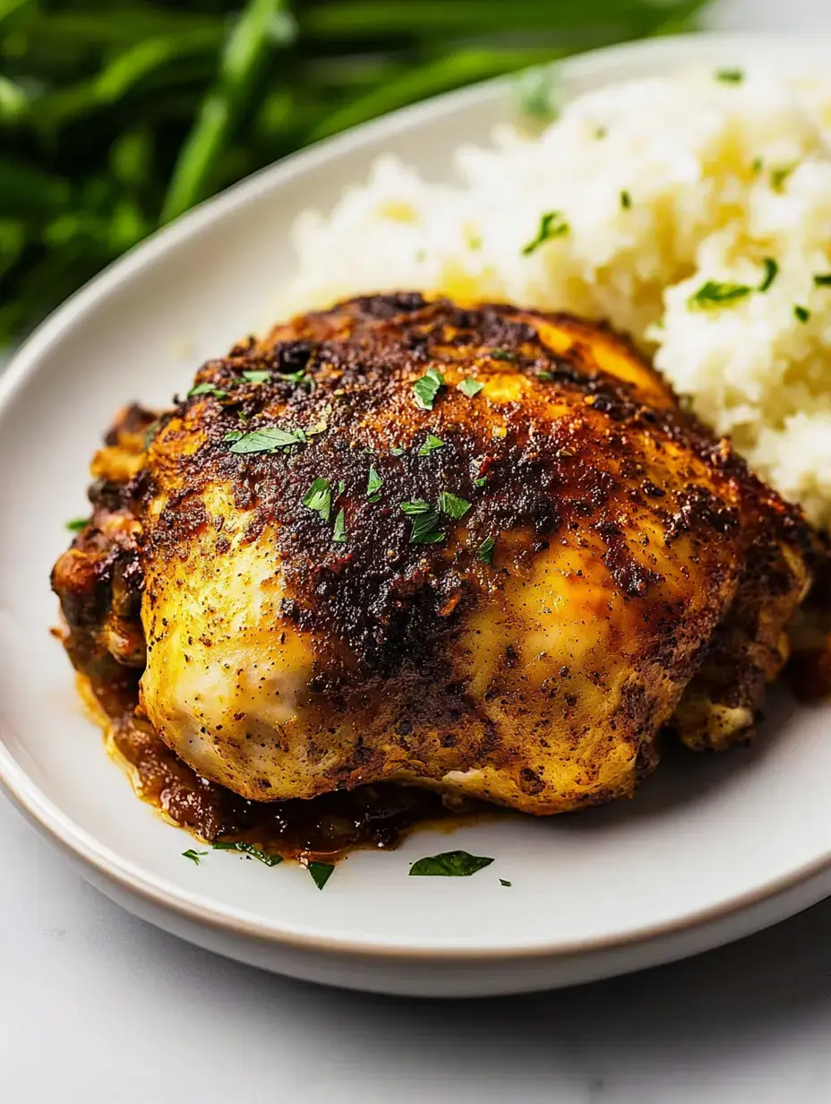 Closeup de uma coxa de frango assada e temperada com salsinha por cima, servida ao lado de arroz branco soltinho num prato.