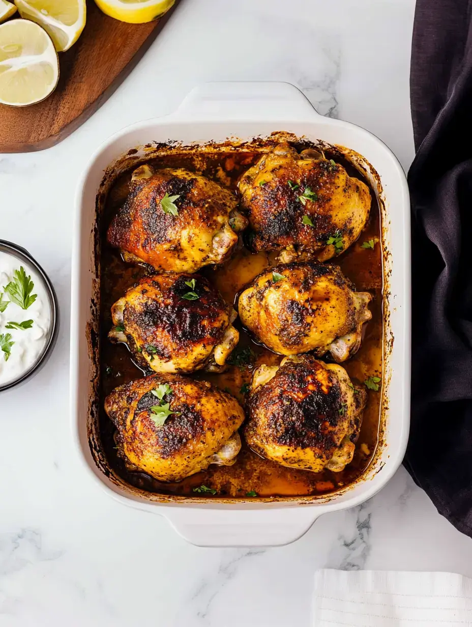 Uma travessa branca com seis coxas de frango assadas decoradas com salsinha, acompanhada de uma tigela de iogurte e rodelas de limão numa tábua de madeira.