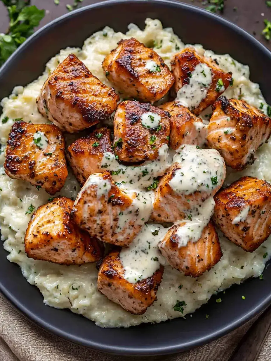 Um prato de pedaços de salmão grelhado regados com molho cremoso servido sobre um purê de batatas e decorado com salsa.