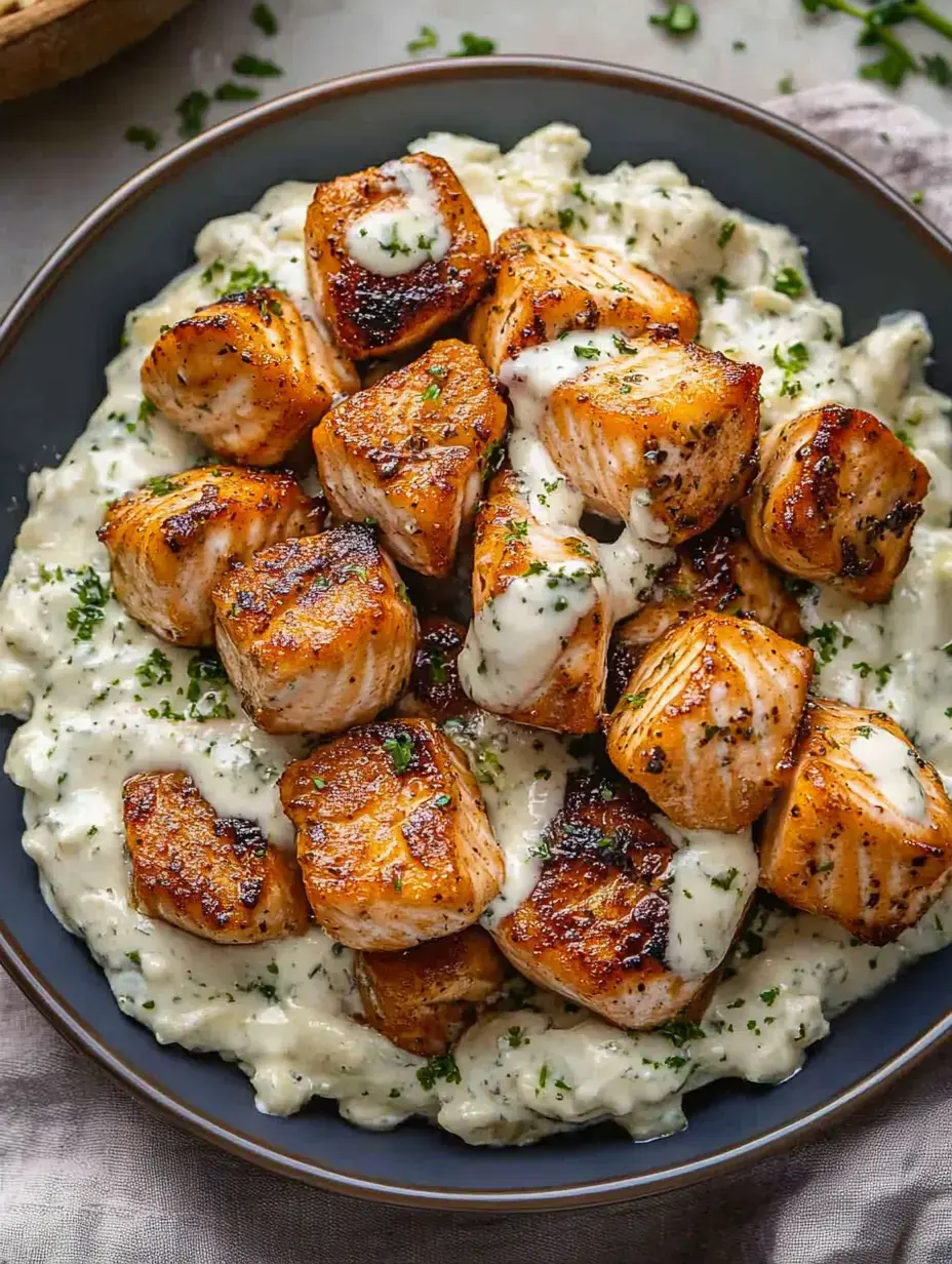Uma tigela de cubos de salmão grelhado cobertos com molho cremoso, servidos sobre purê de batata e decorados com salsa.