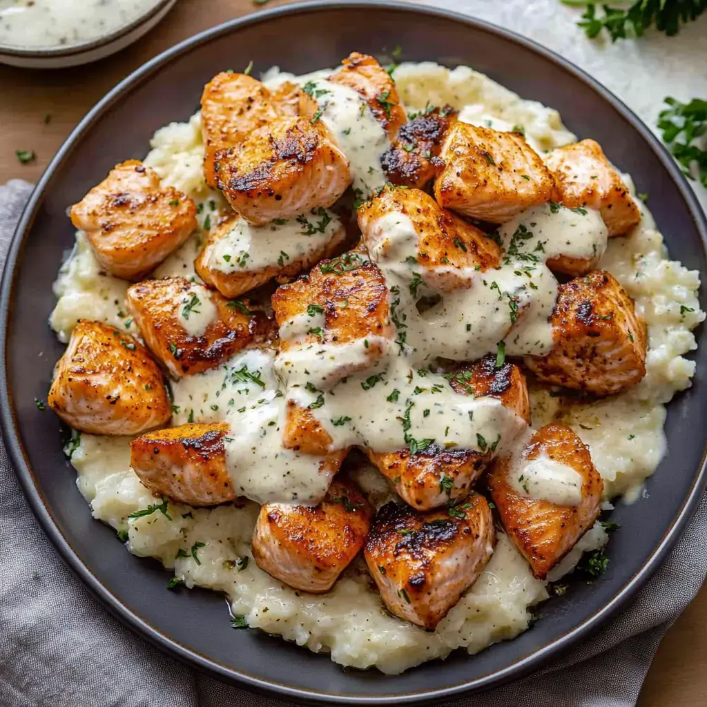 Um prato de pedaços de salmão cobertos com molho cremoso, servidos sobre purê de batata cremoso e decorados com salsa.