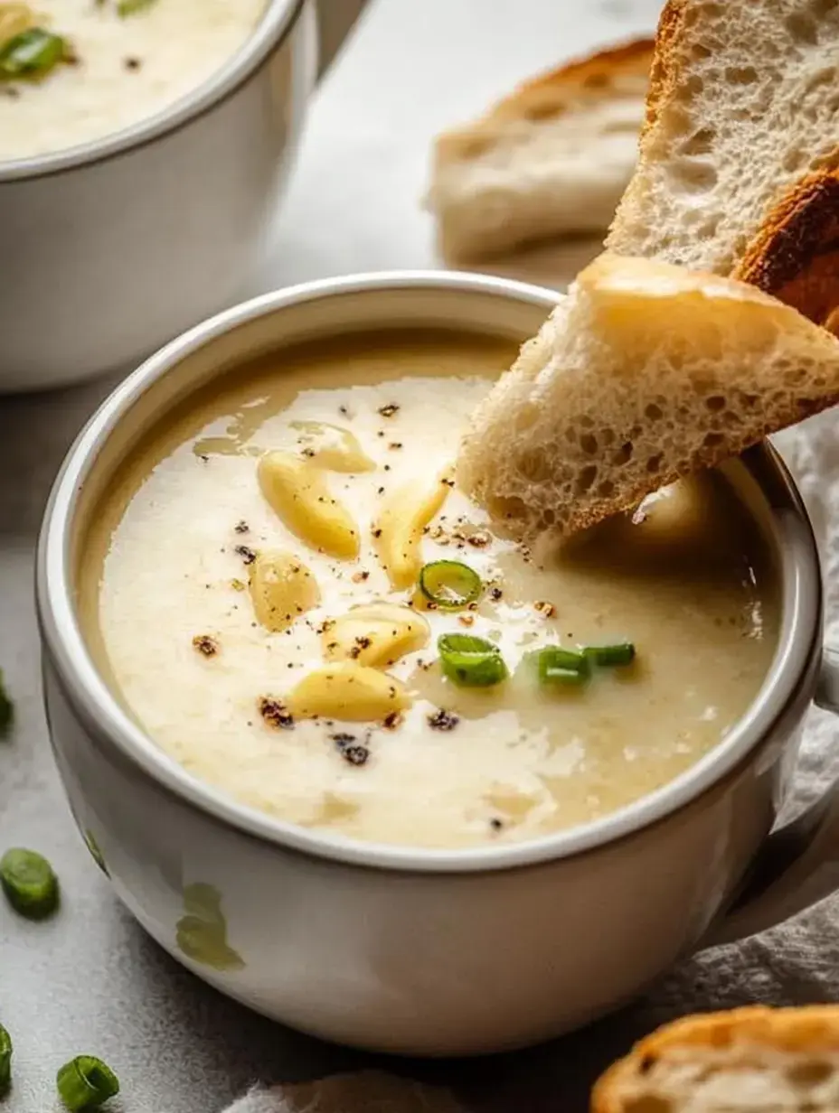 Uma tigela de sopa cremosa coberta com cebolinha e pinhões, com um pedaço de pão torrado sendo mergulhado nela.