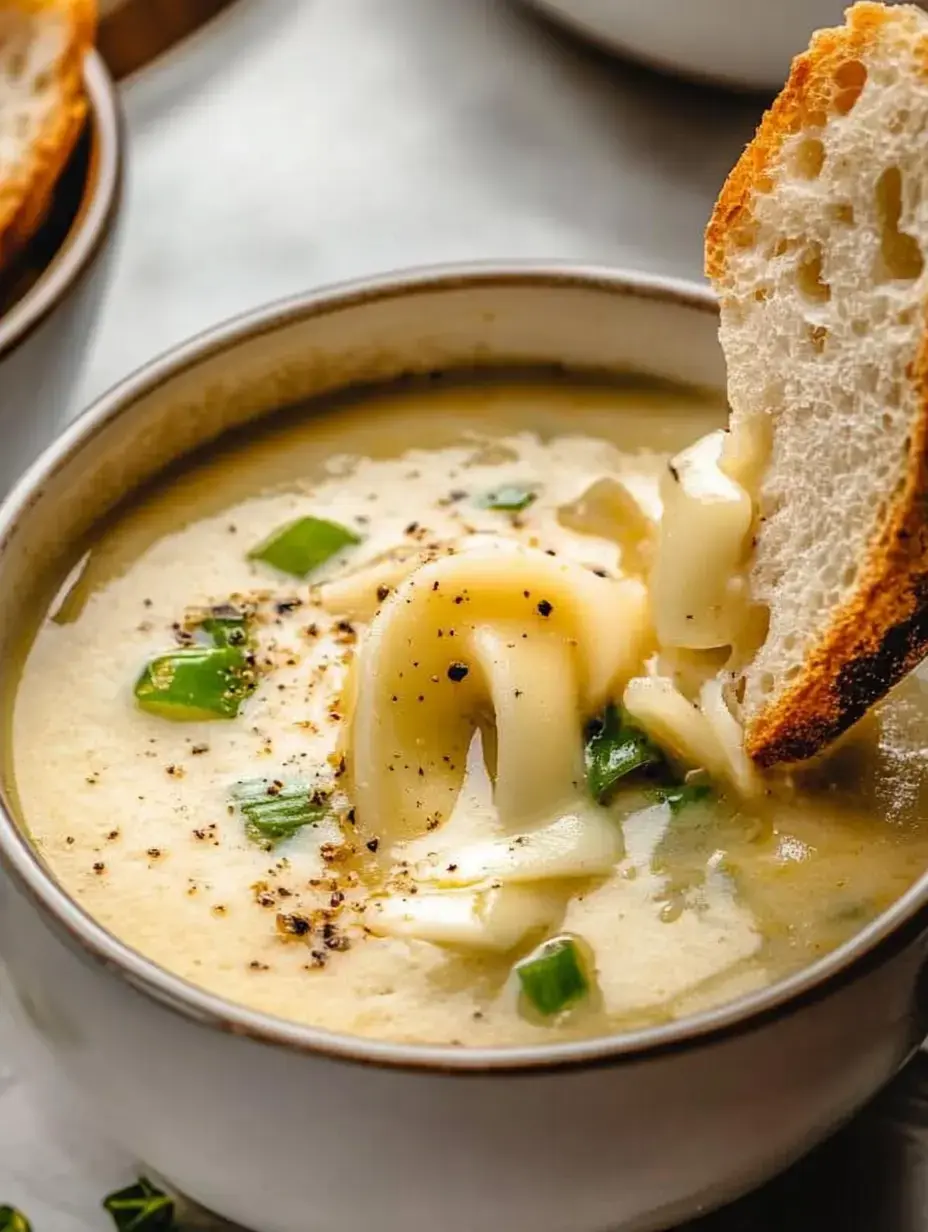Uma tigela de sopa cremosa com macarrão e cebolinha, acompanhada por um pedaço de pão rústico sendo mergulhado nela.