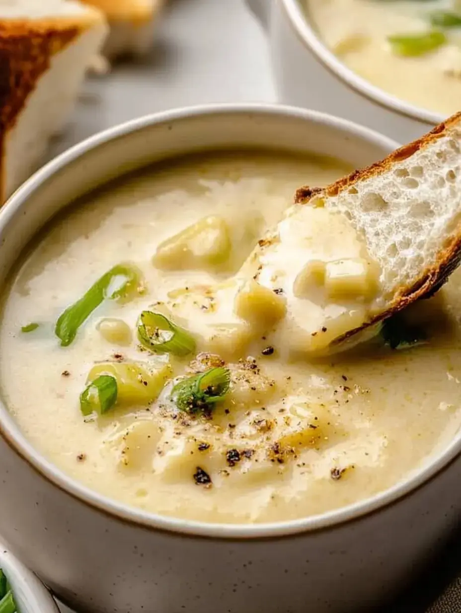 Um pedaço de pão torrado sendo mergulhado numa sopa cremosa decorada com cebolinha e pimenta-do-reino.
