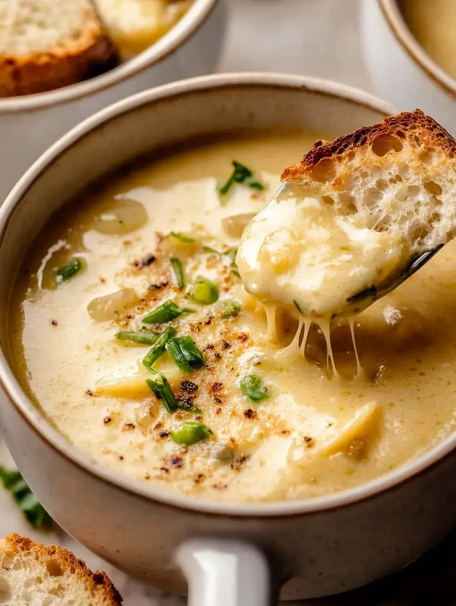 Uma sopa cremosa coberta com cebolinha e queijo, com um pedaço de pão torrado sendo mergulhado nela.