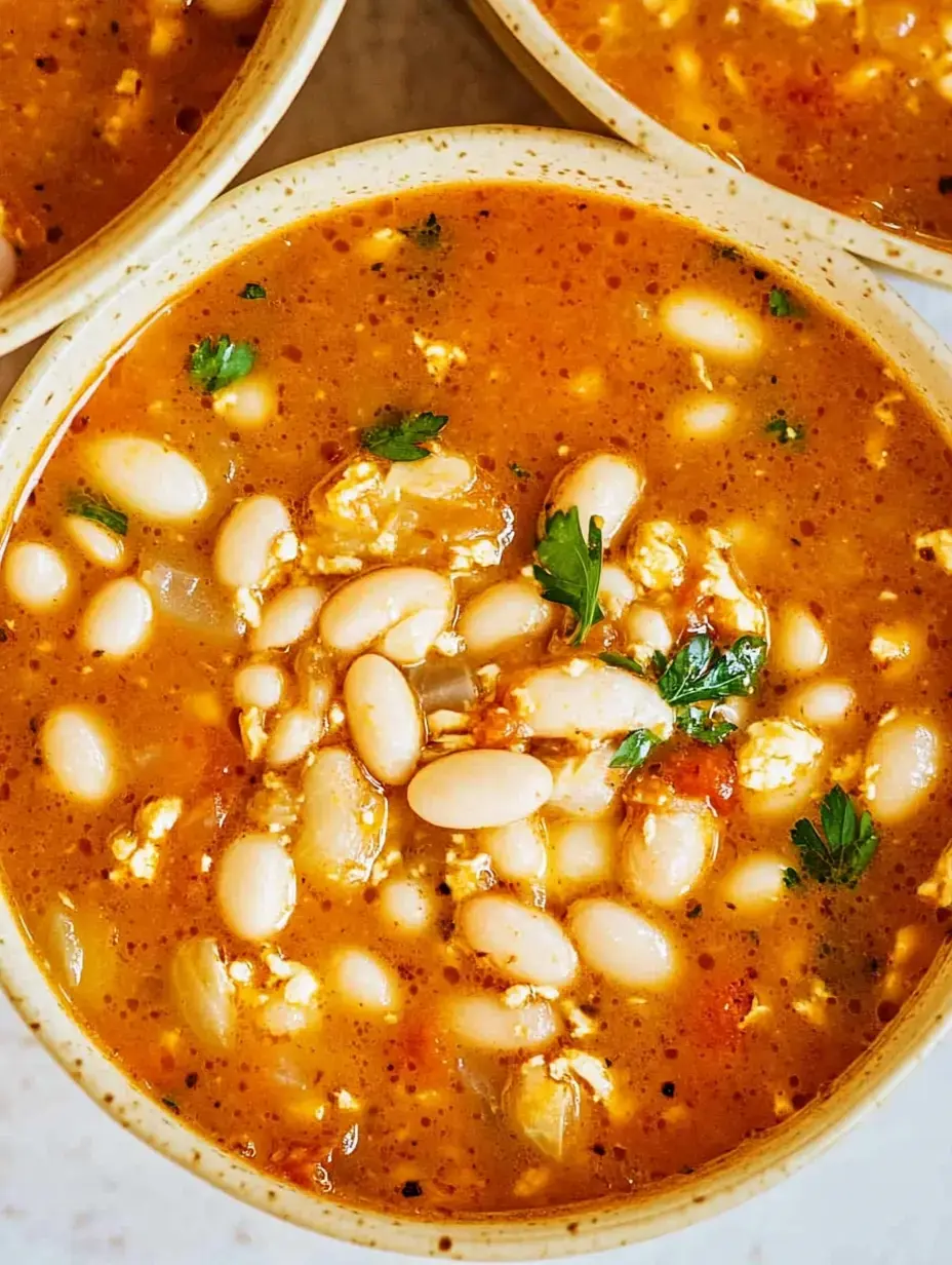 Vista de perto de uma tigela de sopa de feijão substanciosa finalizada com salsa fresca.