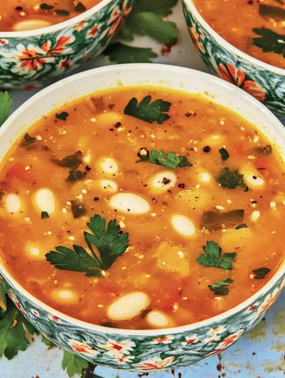 Vista detalhada de uma tigela de sopa substanciosa decorada com salsa fresca e feijões brancos, servida numa tigela decorativa colorida.
