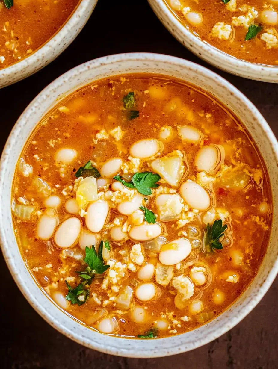 Vista próxima de uma tigela de sopa com feijões brancos, legumes e ervas polvilhadas por cima.