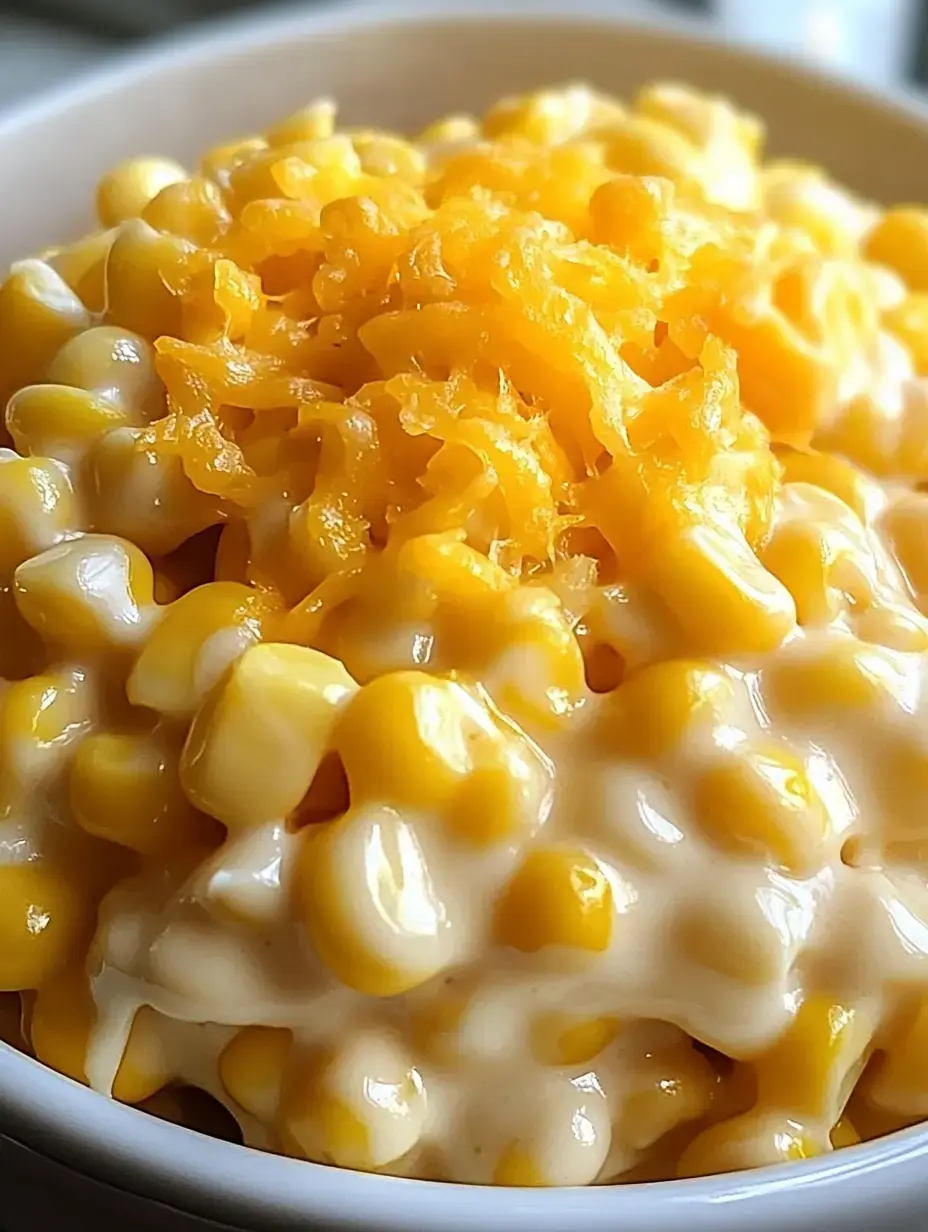 Close de uma tigela com milho cremoso coberto com queijo ralado.