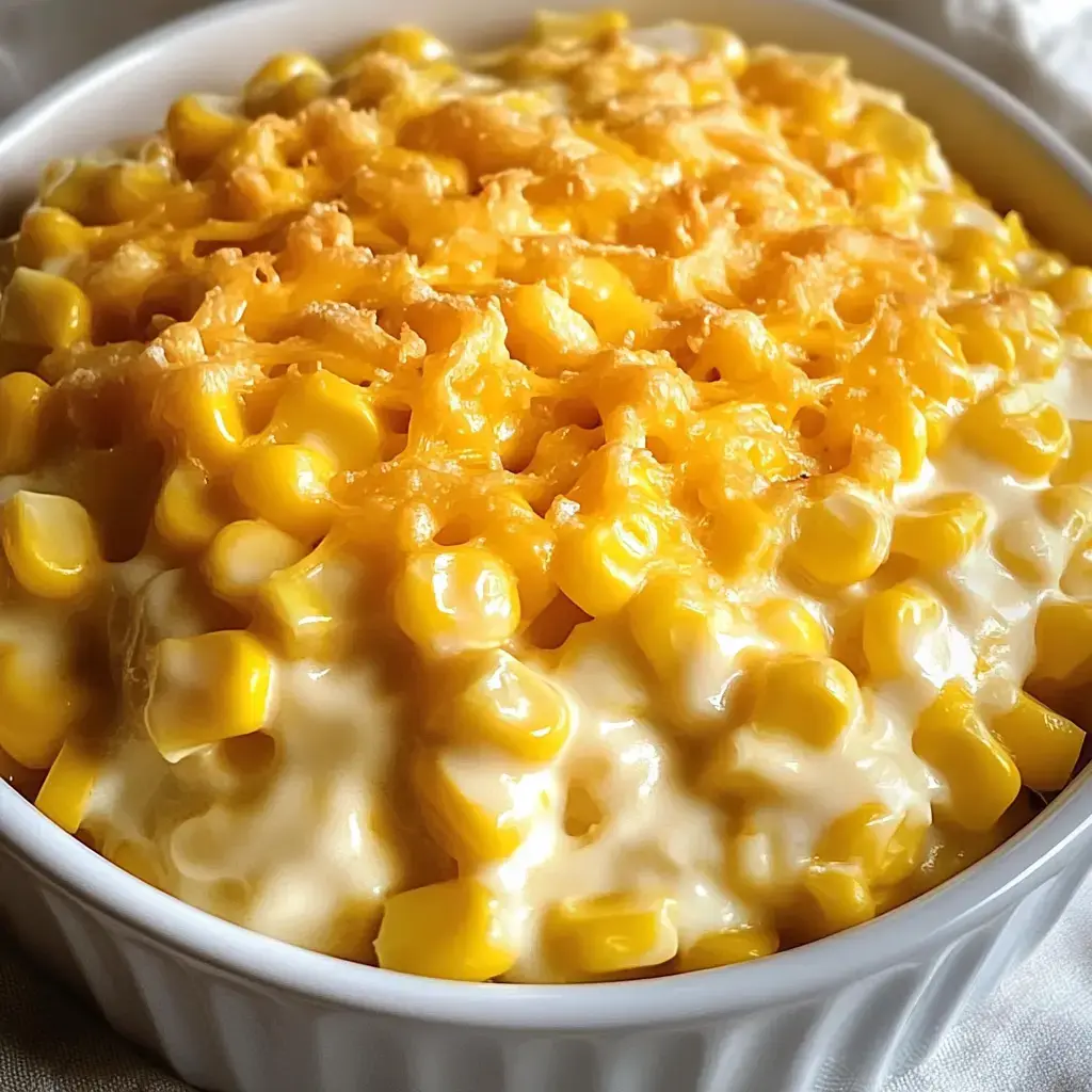 Close de um prato cremoso de milho coberto com queijo derretido numa tigela branca.