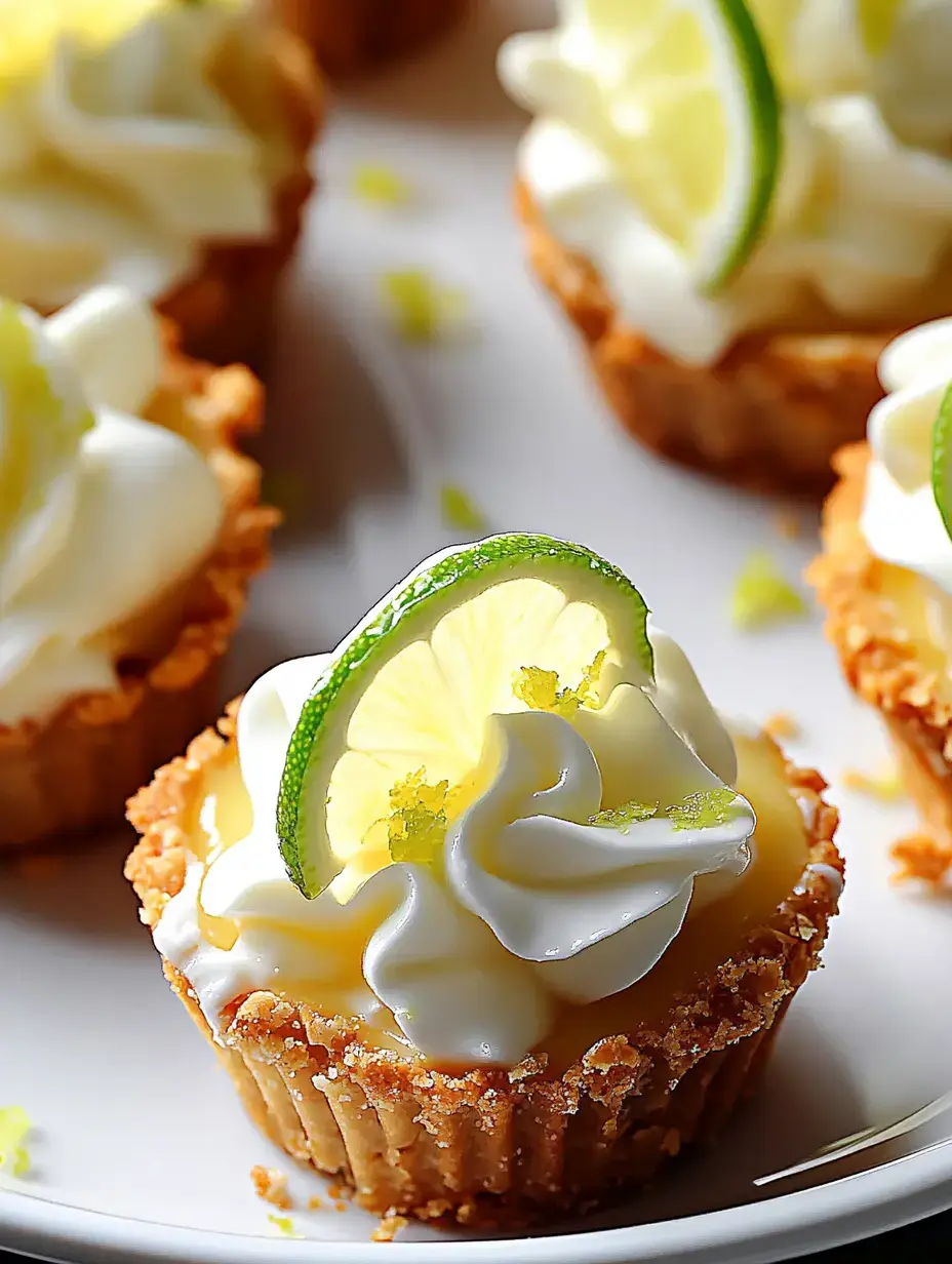 Um close de pequenas tortinhas de limão cobertas com chantilly e uma fatia de limão num prato branco.