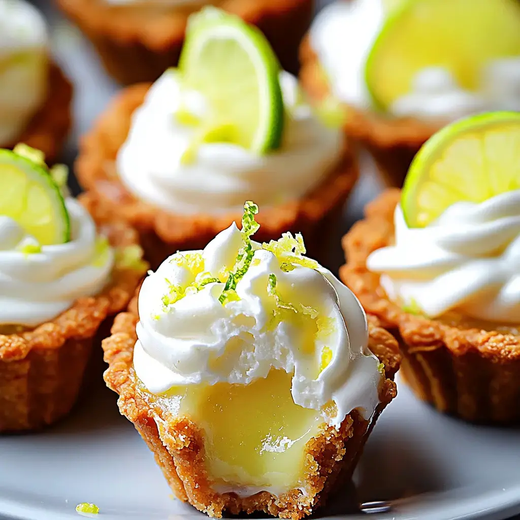 Um close de mini tortinhas de limão cobertas com chantilly e decoradas com fatias de limão e raspas.