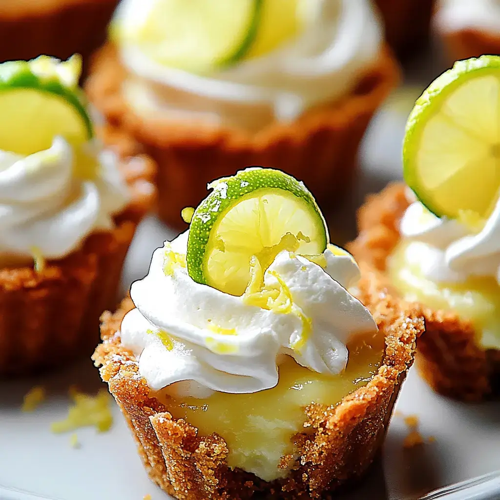 Um close de mini tortinhas de limão cobertas com chantilly e decoradas com fatias de limão e raspas.