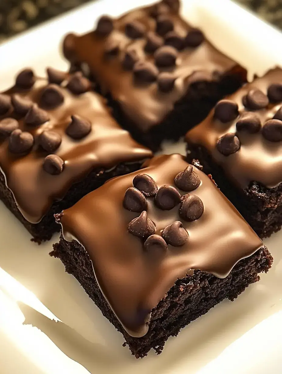 Quatro brownies de chocolate num prato branco, cobertos com glacê brilhante de chocolate e gotas de chocolate.