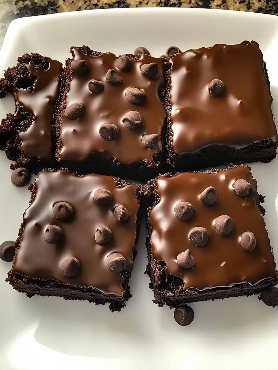 Um close de quatro brownies de chocolate cobertos com glacê brilhante de chocolate e gotas de chocolate espalhadas num prato branco.