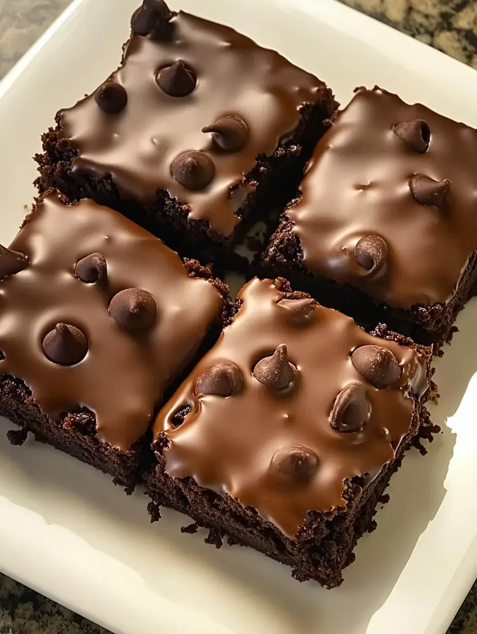 Um prato com quatro brownies de chocolate cobertos com glacê brilhante de chocolate e gotas de chocolate.