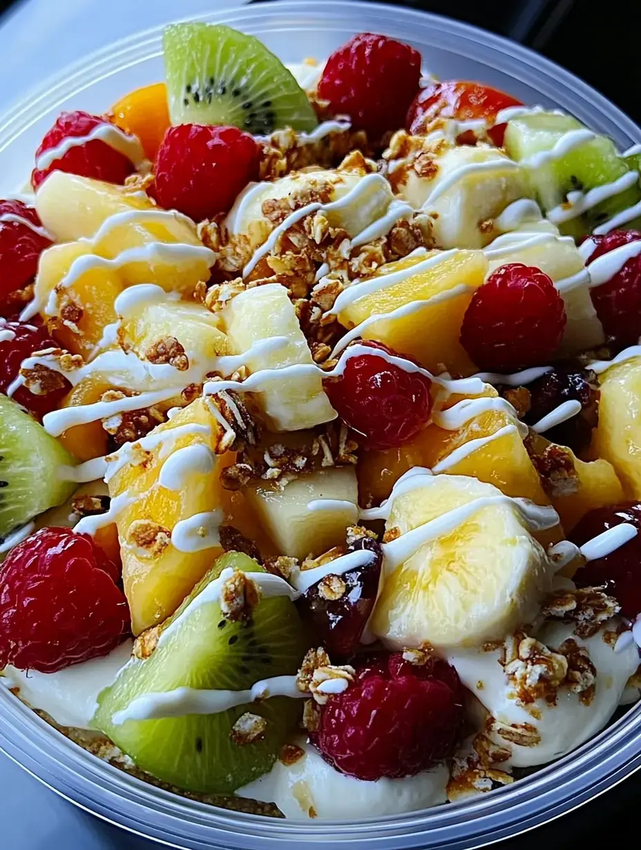 Uma salada de frutas colorida coberta com granola e regada com creme apresentada numa tigela transparente.