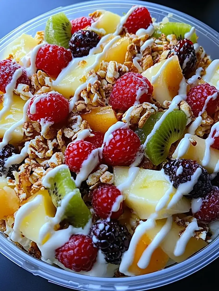 Uma visão de perto de uma tigela cheia de frutas coloridas, incluindo framboesas, amoras, kiwi e manga, coberta com granola e um fio de molho branco.