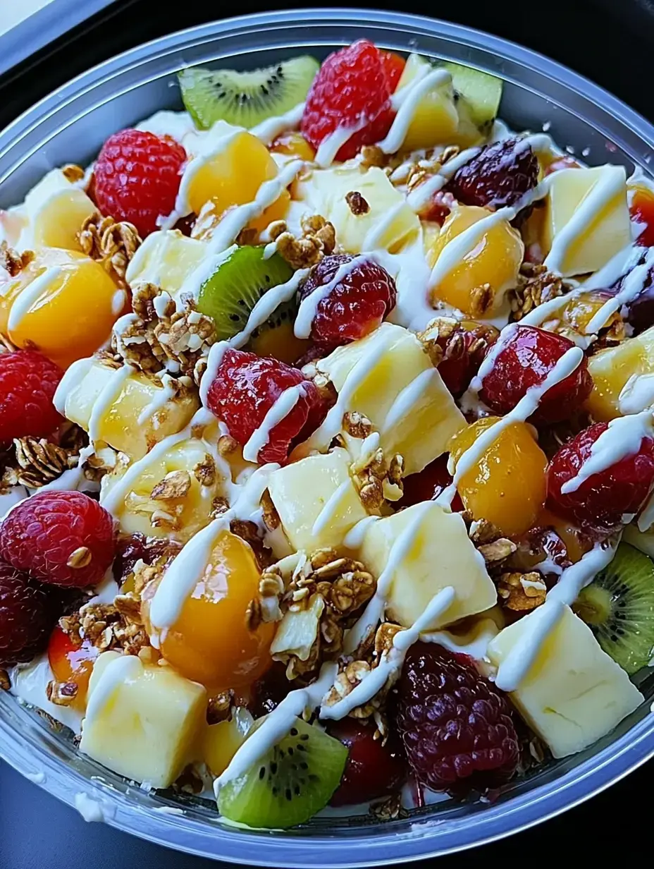 Uma salada de frutas colorida com framboesas, manga, kiwi e granola, regada com iogurte numa tigela transparente.