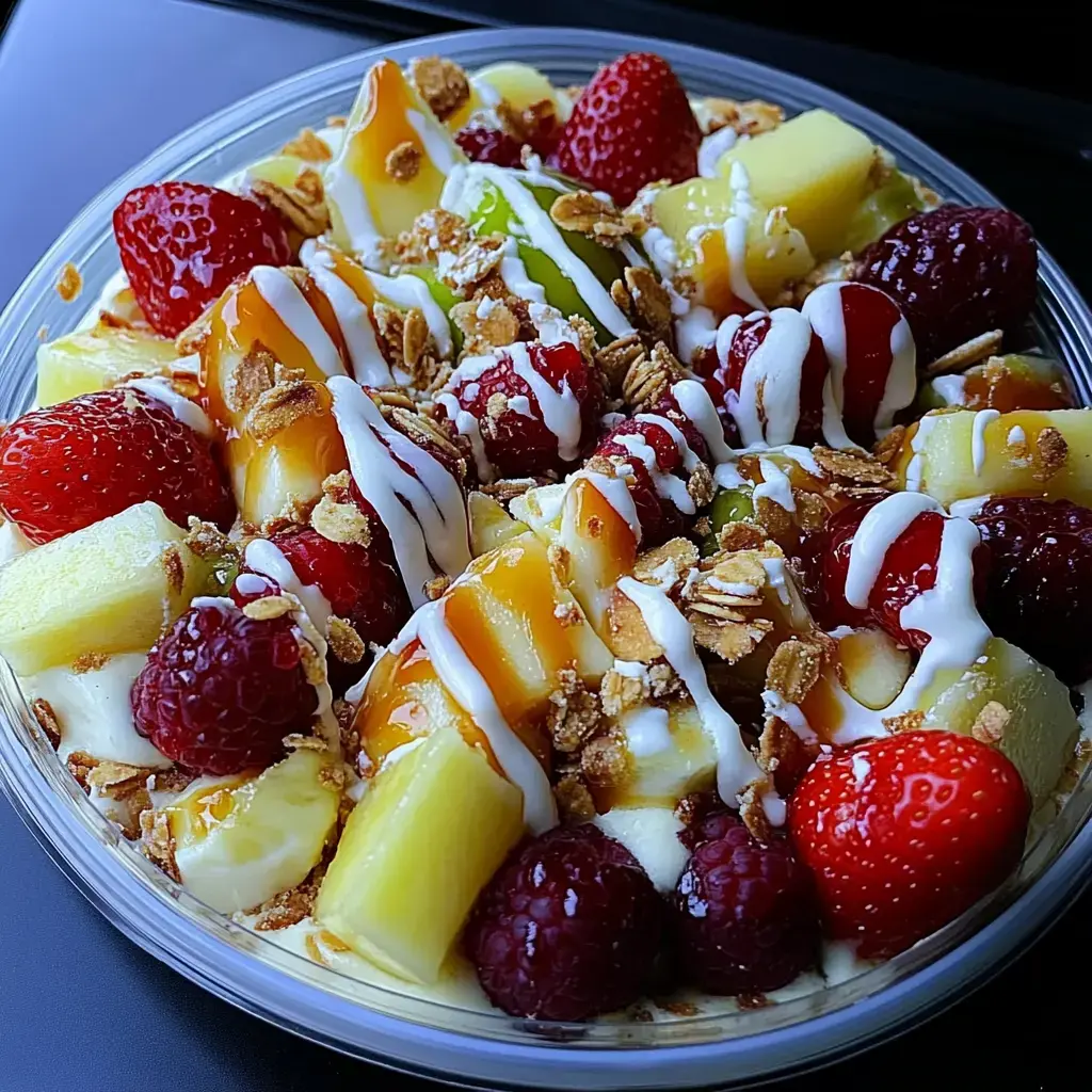 Uma salada de frutas colorida com morangos, framboesas, ananás e manga, coberta com granola e um fio de molho branco.