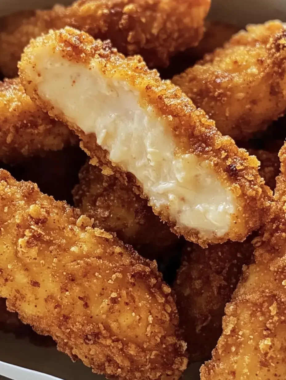 Uma imagem de perto dos filezinhos de frango empanados dourados, com um pedaço cortado ao meio mostrando a carne branca e macia por dentro.