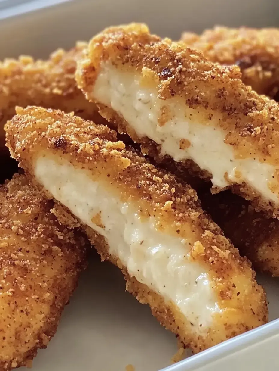 Uma visão de perto dos filezinhos de frango empanados, mostrando sua crosta dourada e interior cremoso.
