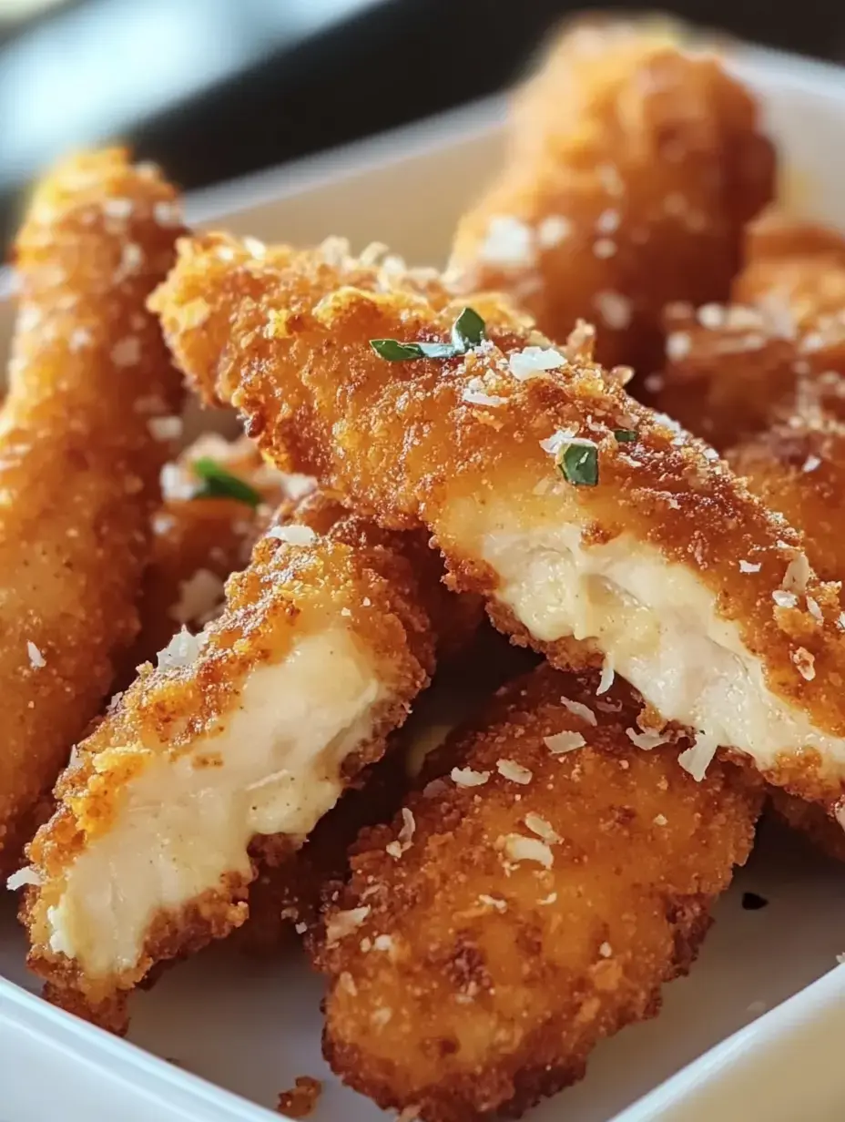 Um close de palitos de peixe dourados e crocantes arrumados numa tigela branca, decorados com uma pitada de sal e ervas.