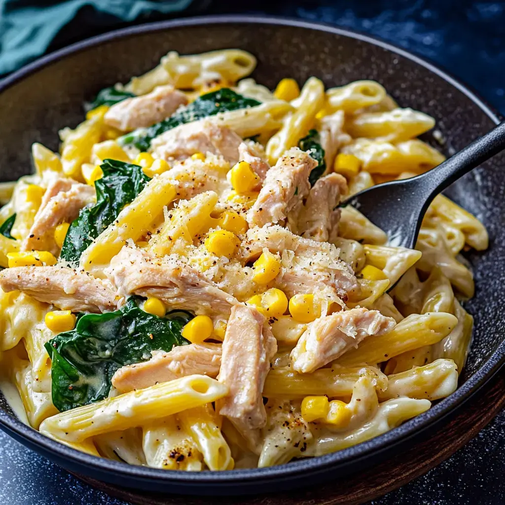 Uma tigela de pasta cremosa com penne, frango desfiado, milho, espinafre e queijo, decorada com pimenta do reino.