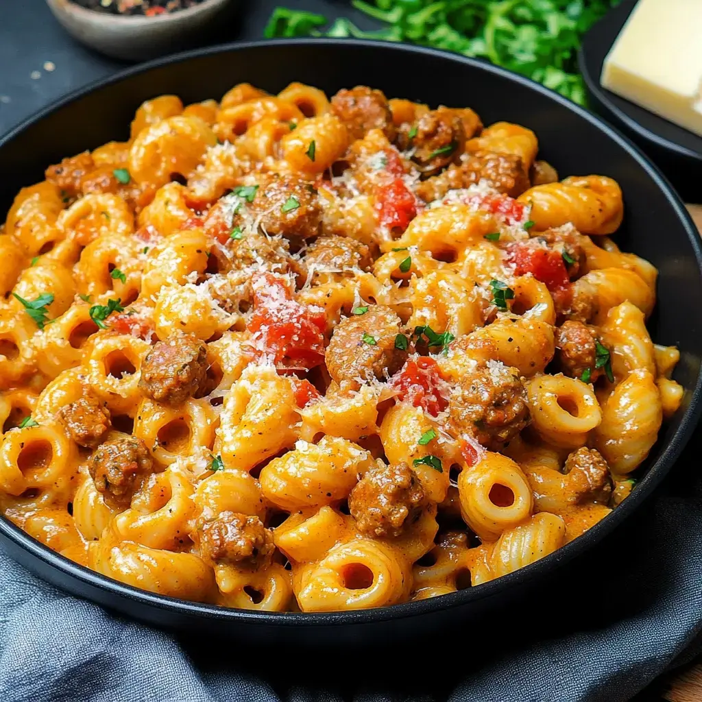 Uma tigela preta com massa cremosa, almôndegas, tomates picados e queijo ralado, decorada com salsa.