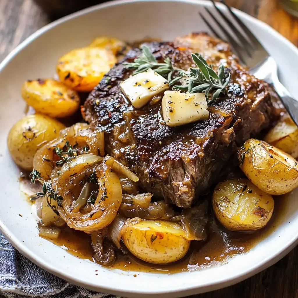 Um prato com carne suculenta guarnecida com manteiga e ervas, servido com batatas assadas e cebolas caramelizadas.