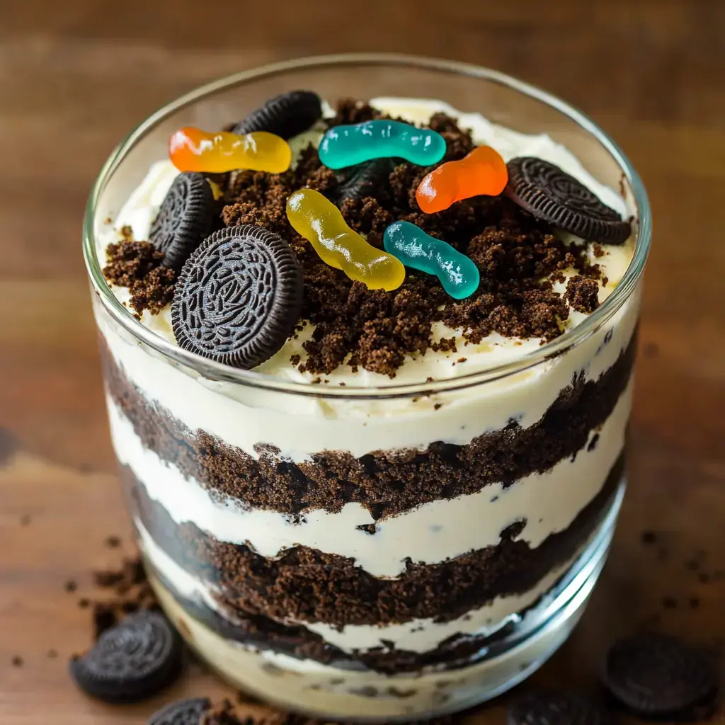 Uma sobremesa em camadas num recipiente de vidro claro, com migalhas de biscoito de chocolate, recheio cremoso, Oreos e minhocas de goma coloridas.