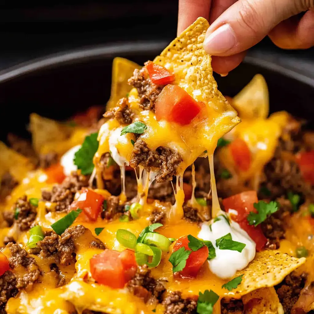Uma mão levantando um chip coberto com queijo derretido, carne moída, tomates e cebolinhas de um prato cheio de nachos com queijo.